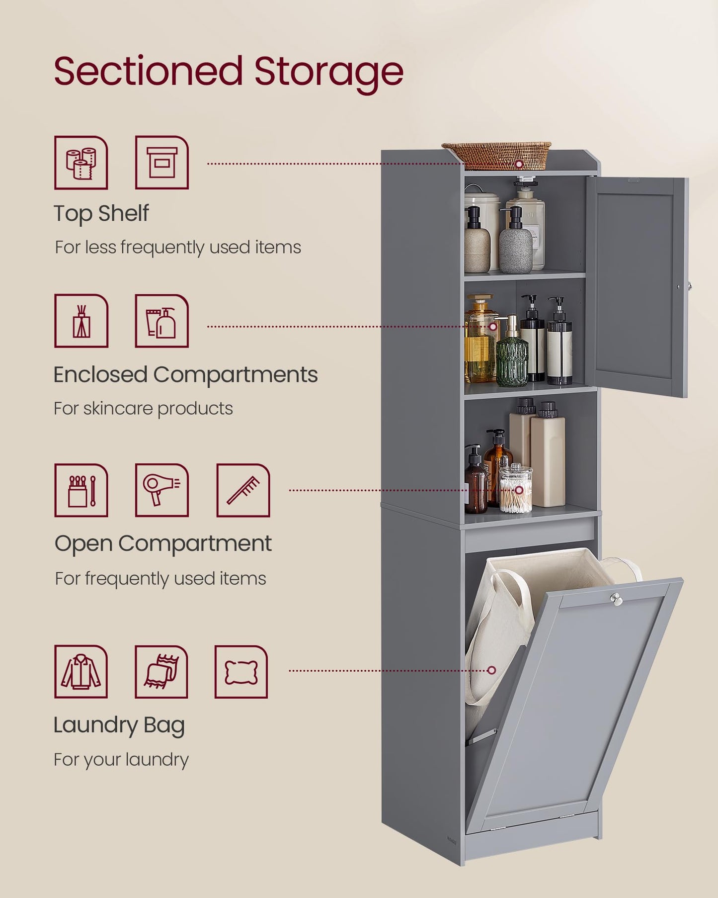 VASAGLE Tall Storage Cabinet, Storage Unit with Removable Laundry Basket, Compartment and Cabinet