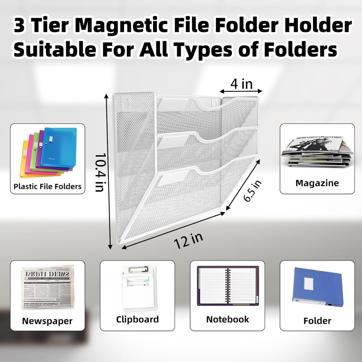 3-Tier Magnetic File Holder, No Drilling Installation File Cabinet Organizer, White Magnetic File