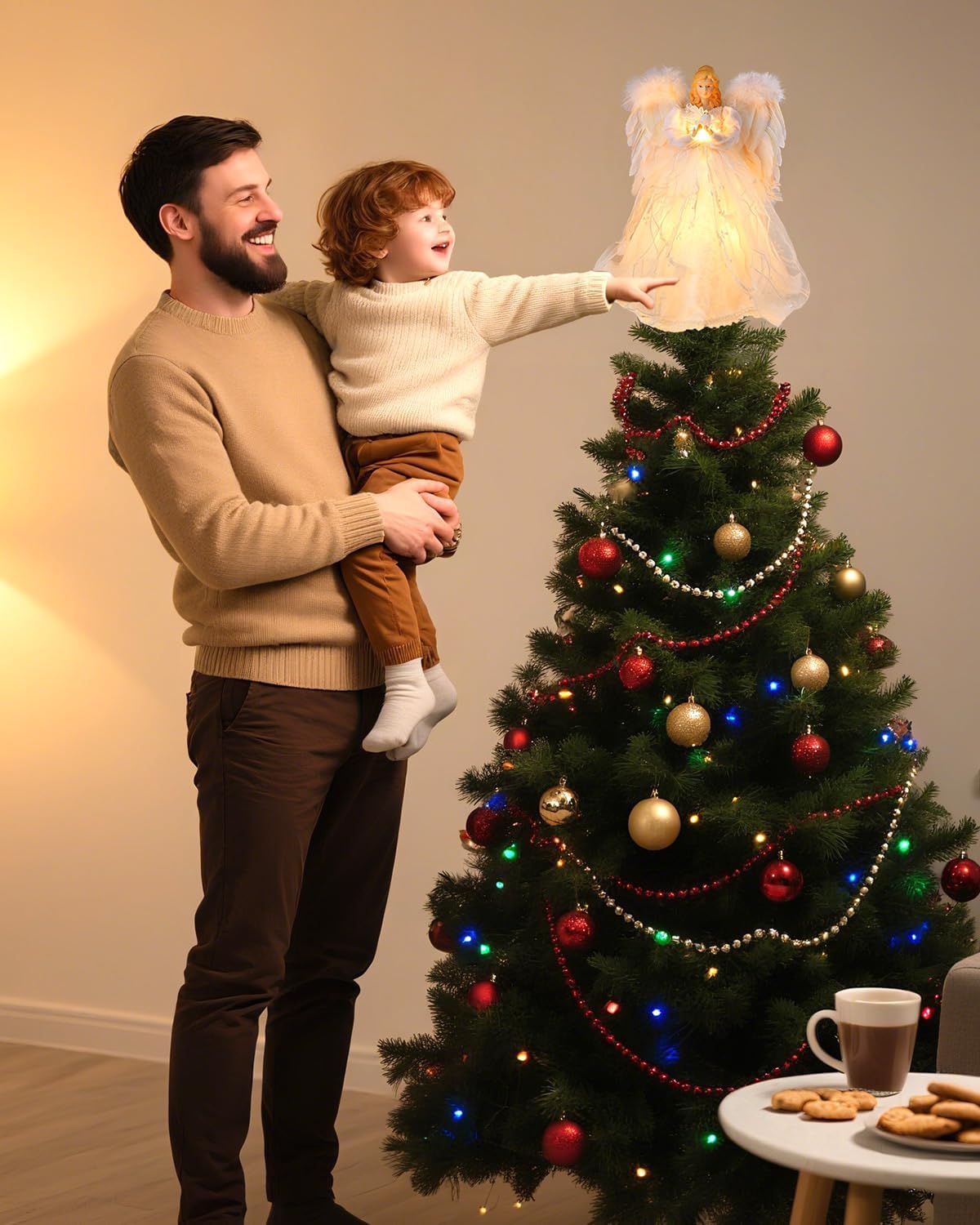 Christmas Tree Topper Angel with Lights, Xmas Tree Toppers Decorations Ornament with White Feather