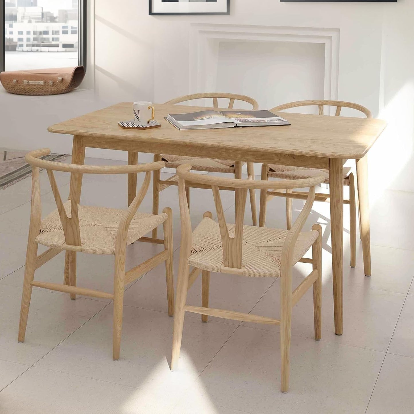 Wishbone Chair Natural Solid Wood Dining Chair/Hans Wegner Y Chair Rattan and Wood Accent Armrest