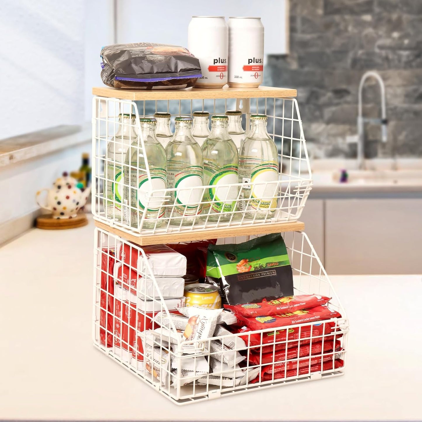White Fruit Bowl, 2-Tier Fruit Basket for Kitchen Counter, Stackable Wall Mounted Veggie Storage