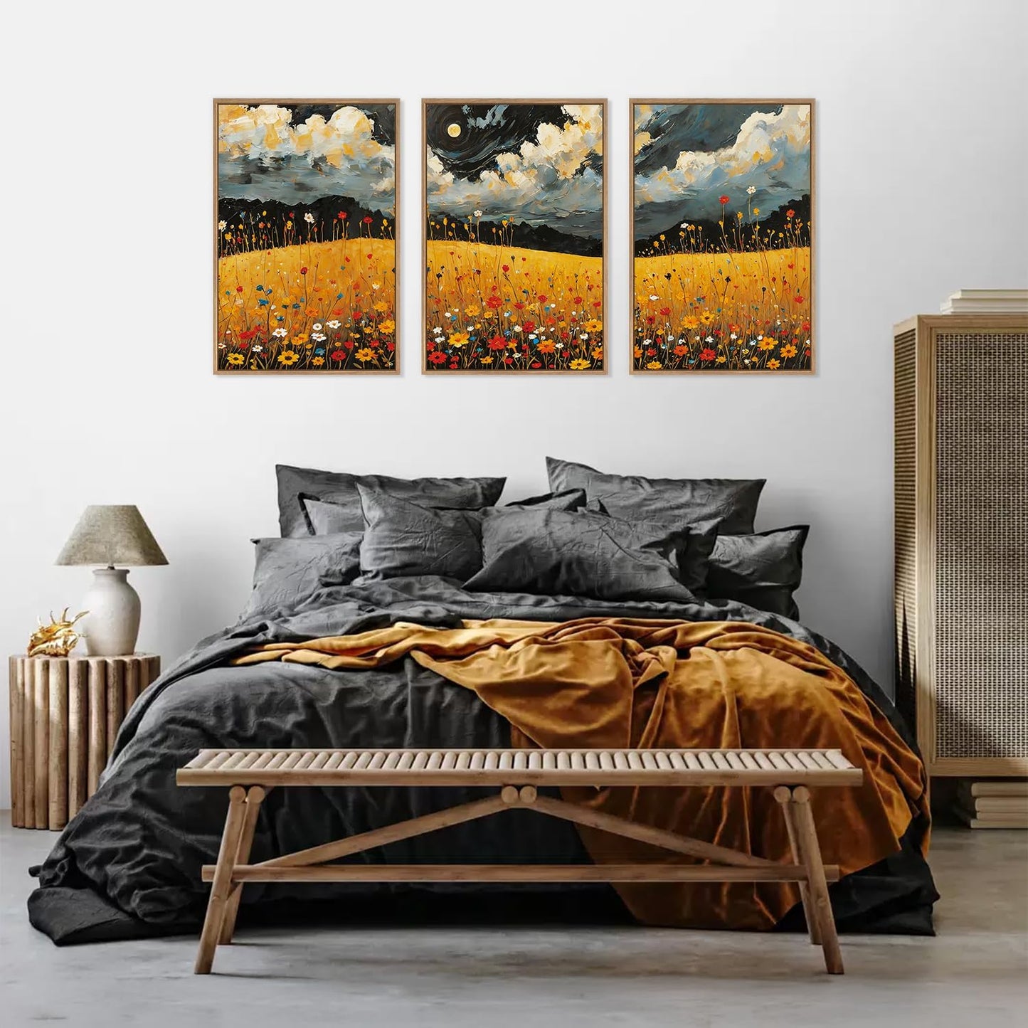 HLNIUC Mystical Moonlight Framed Wall Art Set,Night Moon Wildflower Canvas Wall Decor,Full Moon