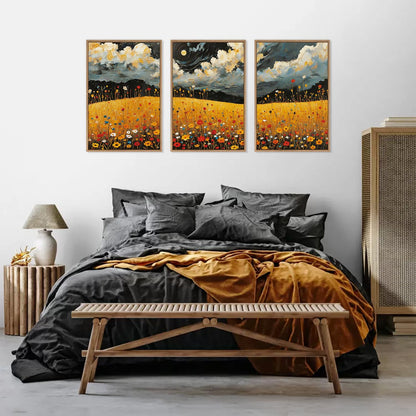 HLNIUC Mystical Moonlight Framed Wall Art Set,Night Moon Wildflower Canvas Wall Decor,Full Moon