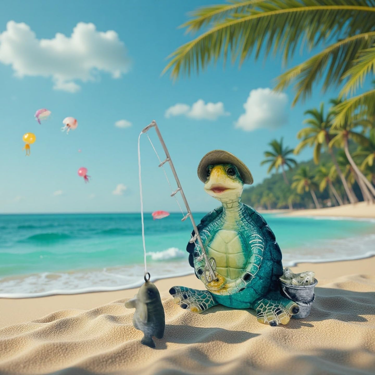 Turtle Fishing Decor, Summer Garden Statues, Nautical Coastal Beach Decorations, Home Office Decor