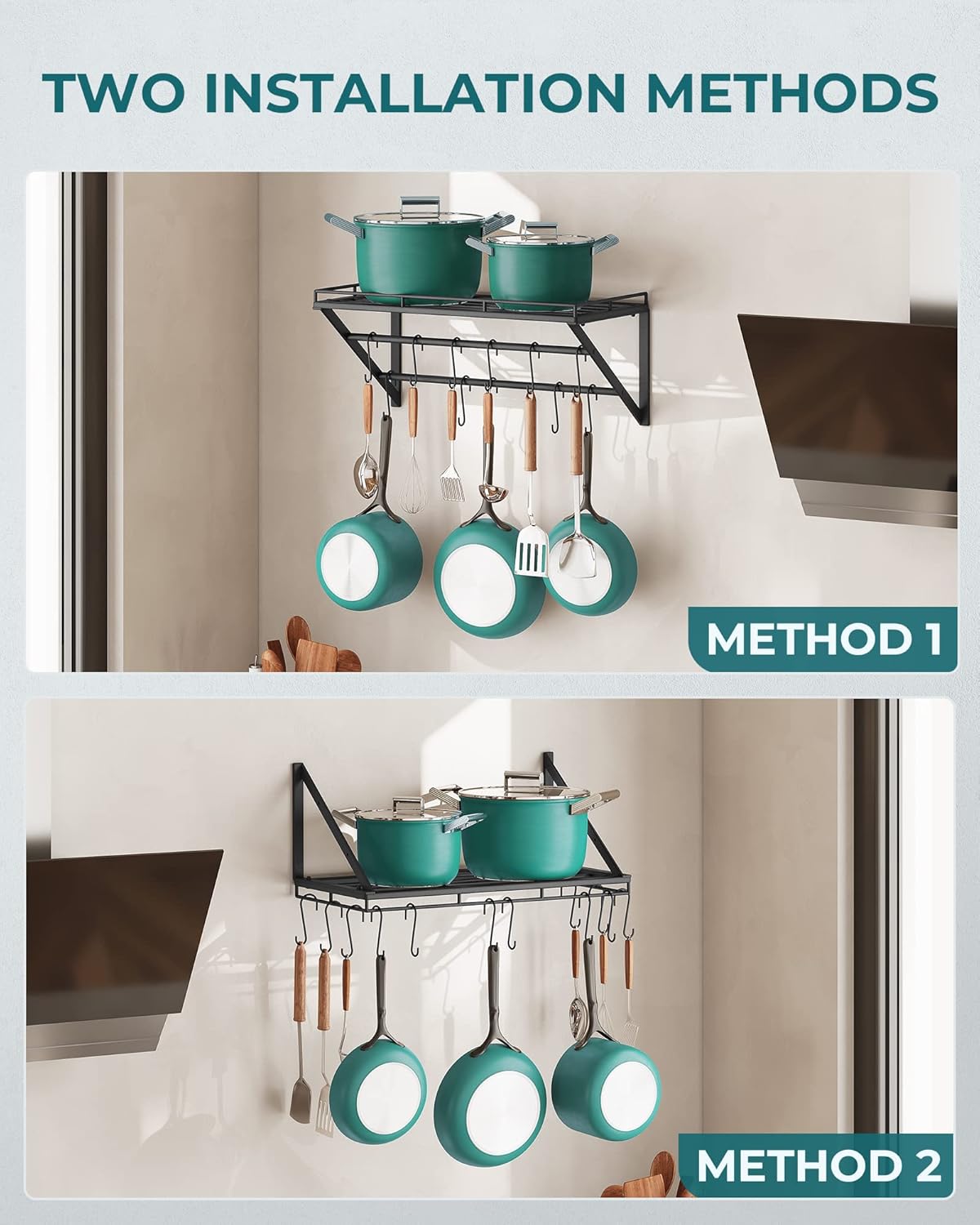 OROPY 23 Inch Wall Mounted Pot Rack Storage Shelf with 2 Tier Hanging Rails 12 S Hooks included