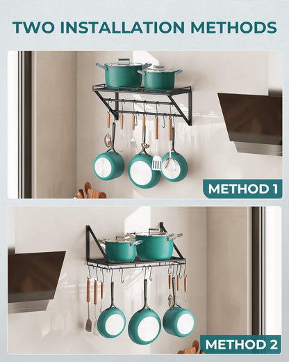 OROPY 23 Inch Wall Mounted Pot Rack Storage Shelf with 2 Tier Hanging Rails 12 S Hooks included