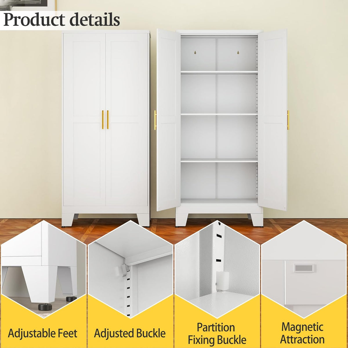 White Metal Storage Cabinet, 61" Steel Cabinets for Home Office, Kitchen Pantry Storage Cabinet