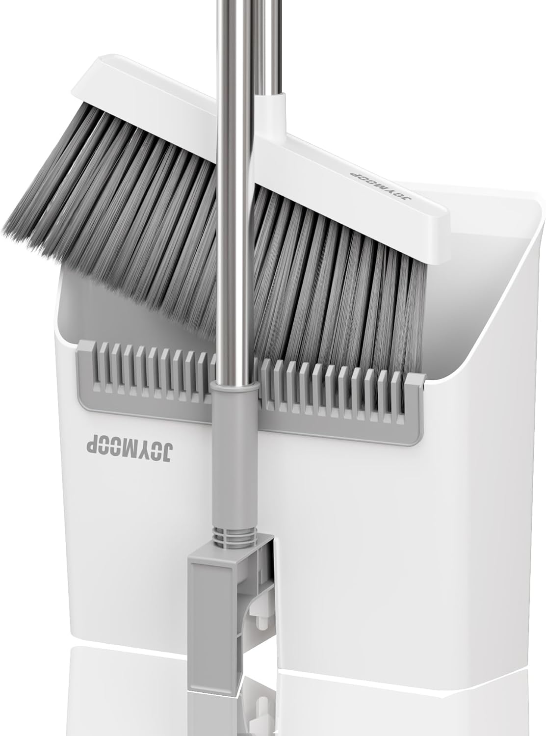 JOYMOOP White Broom and Dustpan Set, Upright Angle Design with Built-in Comb Teeth for Kitchen