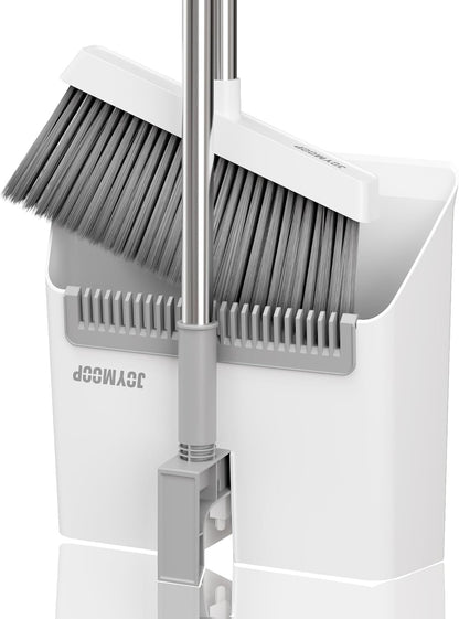 JOYMOOP White Broom and Dustpan Set, Upright Angle Design with Built-in Comb Teeth for Kitchen