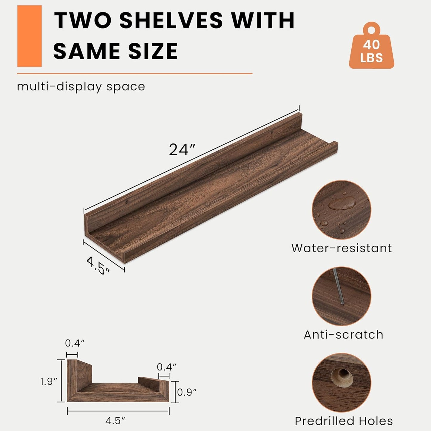 Heimlove Picture Ledge Shelf, Floating Shelves Set of 2, 24 Inches Picture Shelf for Wall with