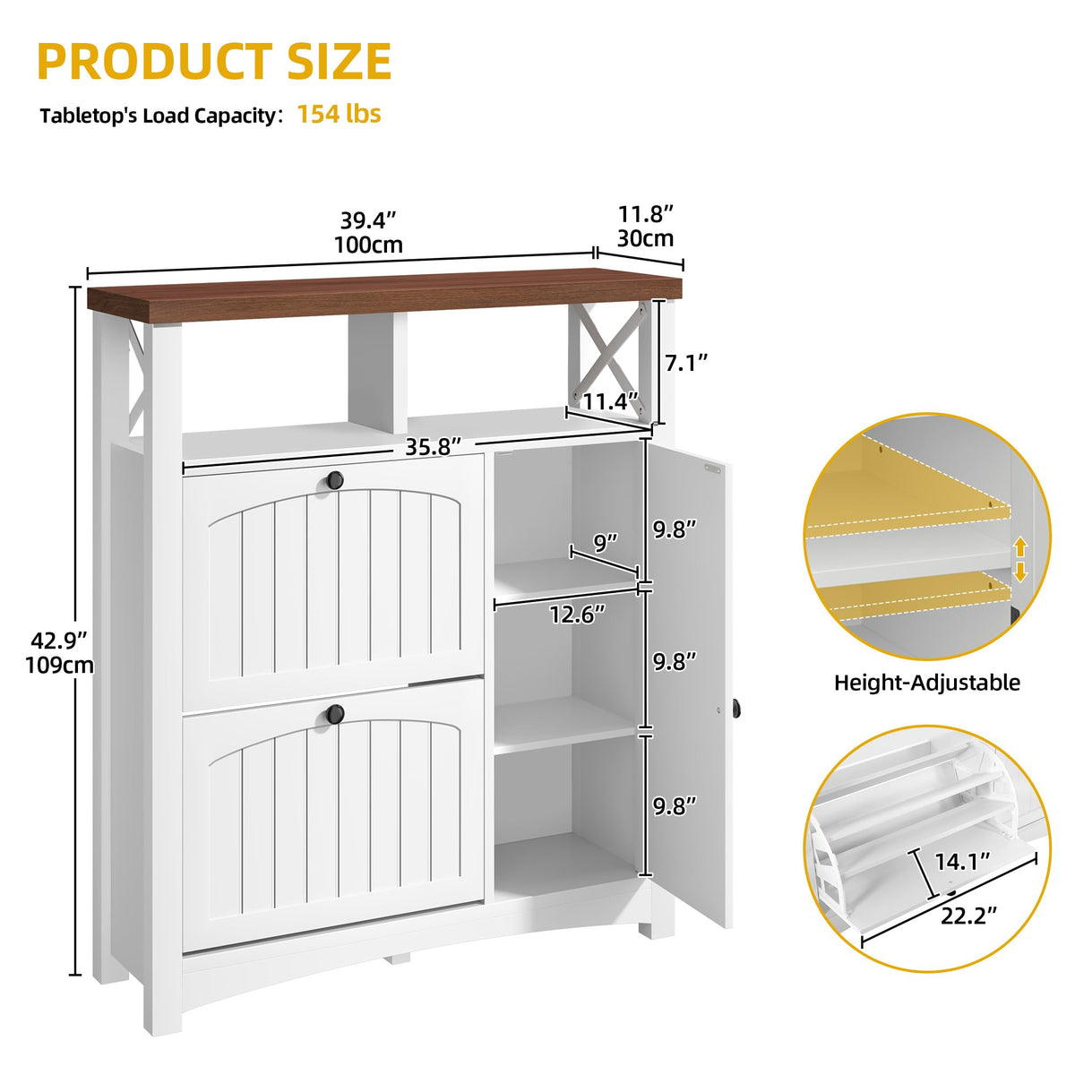 DWVO Set of 2 Shoe Cabinets with 2 Flip Drawers, Farmhouse Shoe Rack w/3-Tier Cabinet, Adjustable