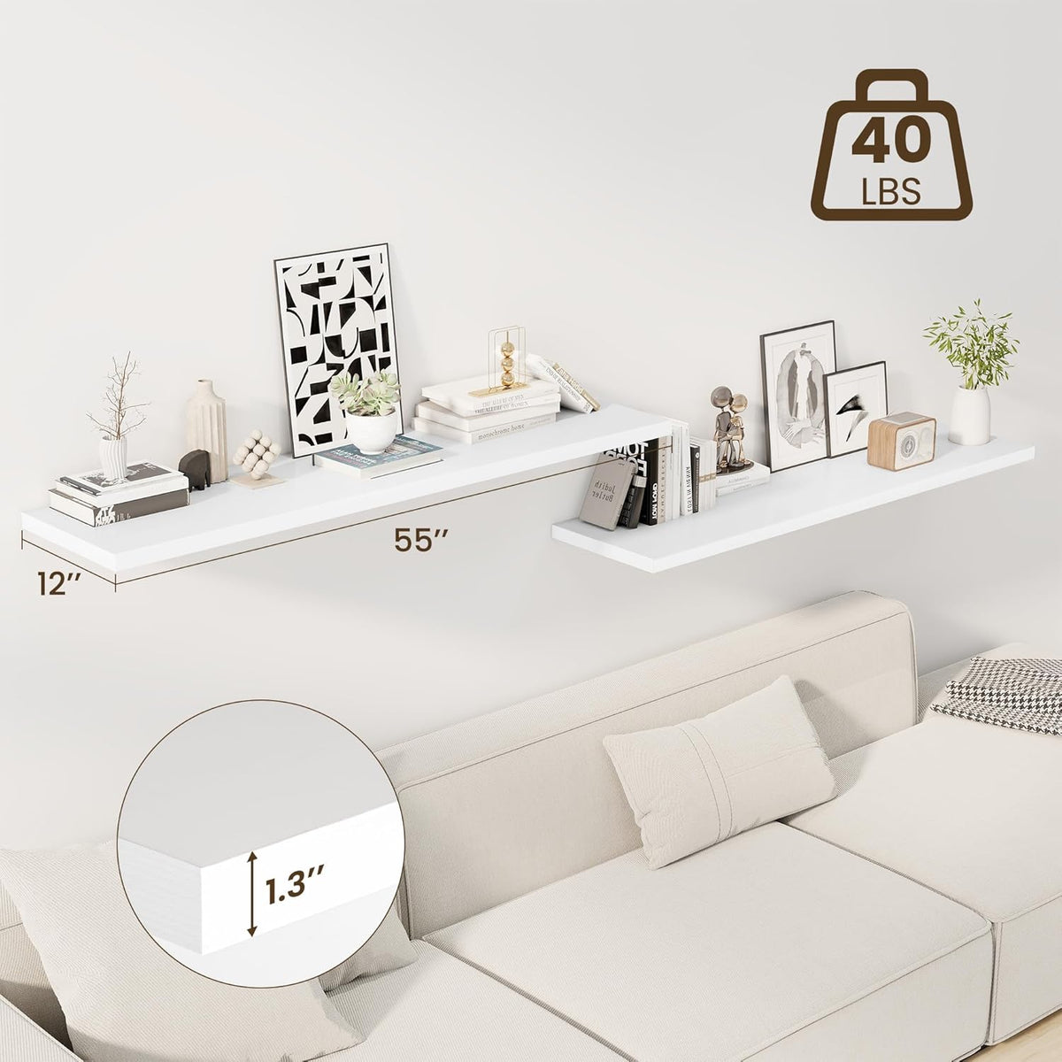 55" Floating Shelves for Wall, 12" Deep Slim White Floating Shelves, Wall-Mounted Shelves for