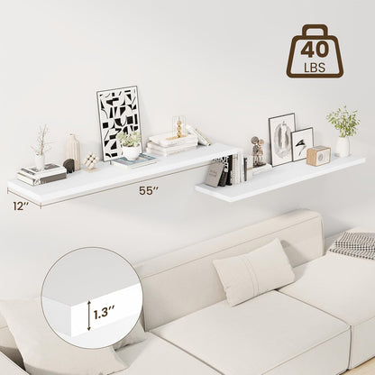 55" Floating Shelves for Wall, 12" Deep Slim White Floating Shelves, Wall-Mounted Shelves for