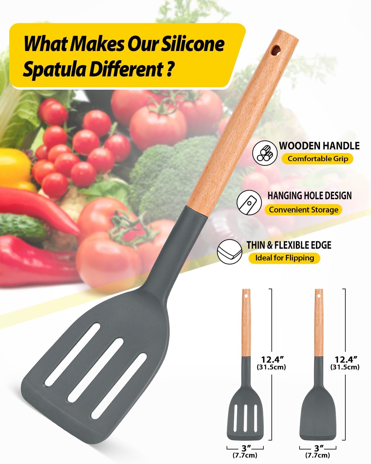 Pack of 2 Silicone Cooking Spatula, Heat Resistant Solid Turner, Non Stick Slotted Spatulas with
