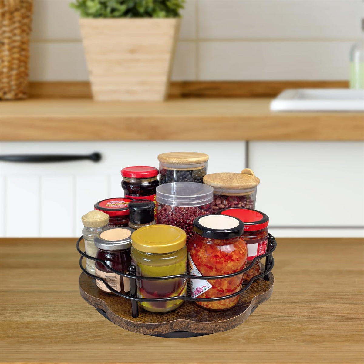 2 Pack, 11" & 12" Wooden Lazy Susan Turntable with Higher Metal Sides, 360° Rotating Lazy Susan