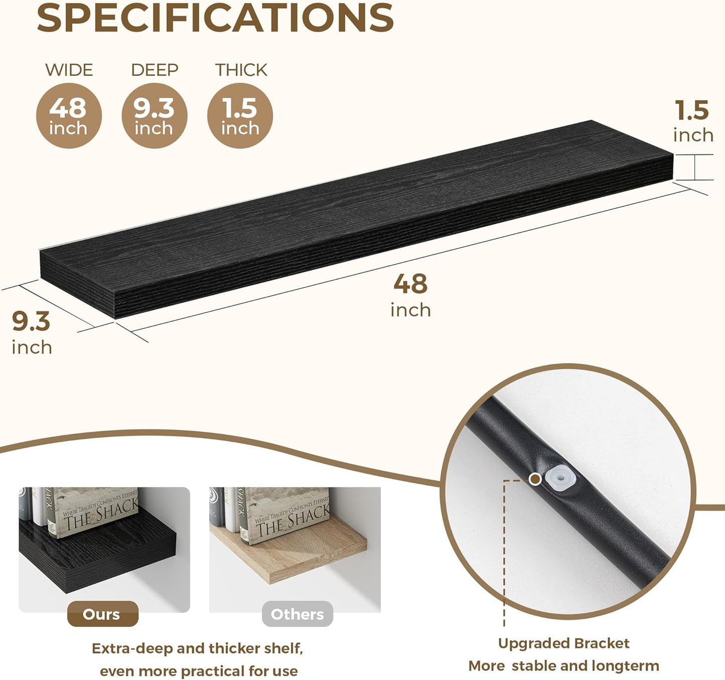 48 Inches Floating Shelves for Wall, 9.3" Deep Long Floating Shelves Set of 1, Large Display &