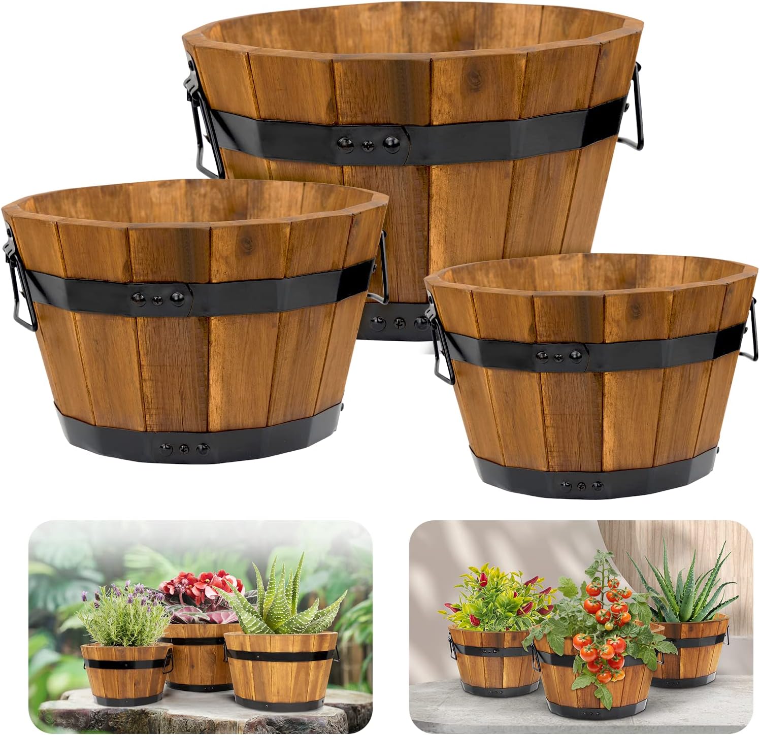 IDZO Set of 3 Wooden Flower Boxes Outdoor, Durable Acacia Wood Barrel Planters for Outdoor Plants