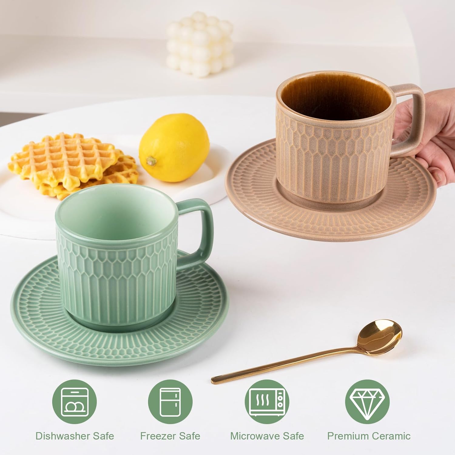 Large Cappuccino Cups with Saucers Set of 4, 8 Ounce Stackable Embossed Ceramic Coffee Mugs for