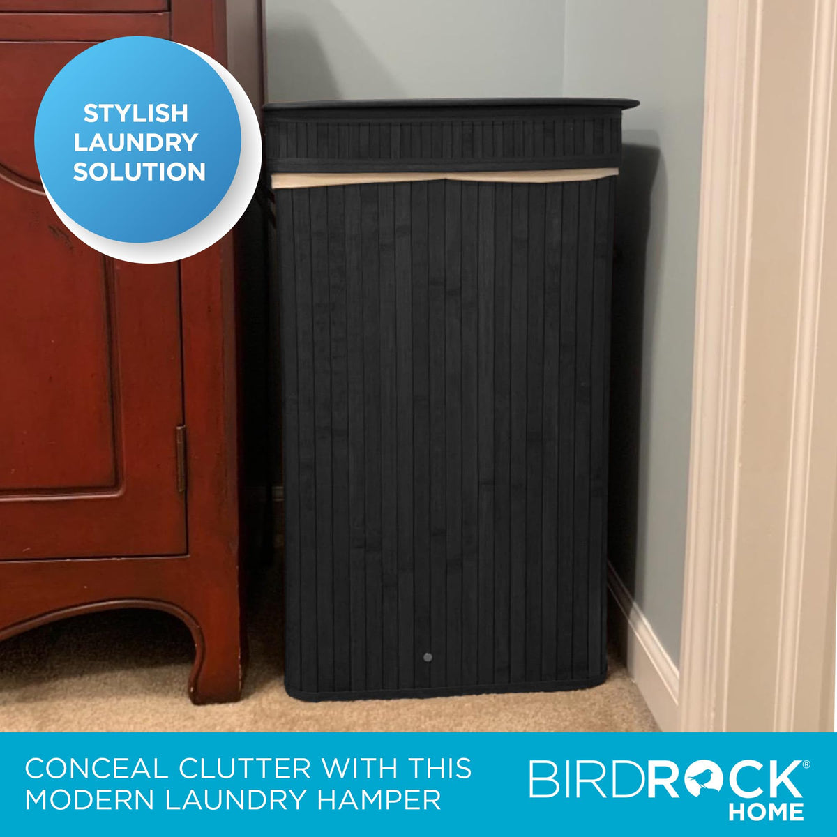 BIRDROCK HOME Square Laundry Hamper with Lid and Cloth Liner, Medium Basket with Soft Handles