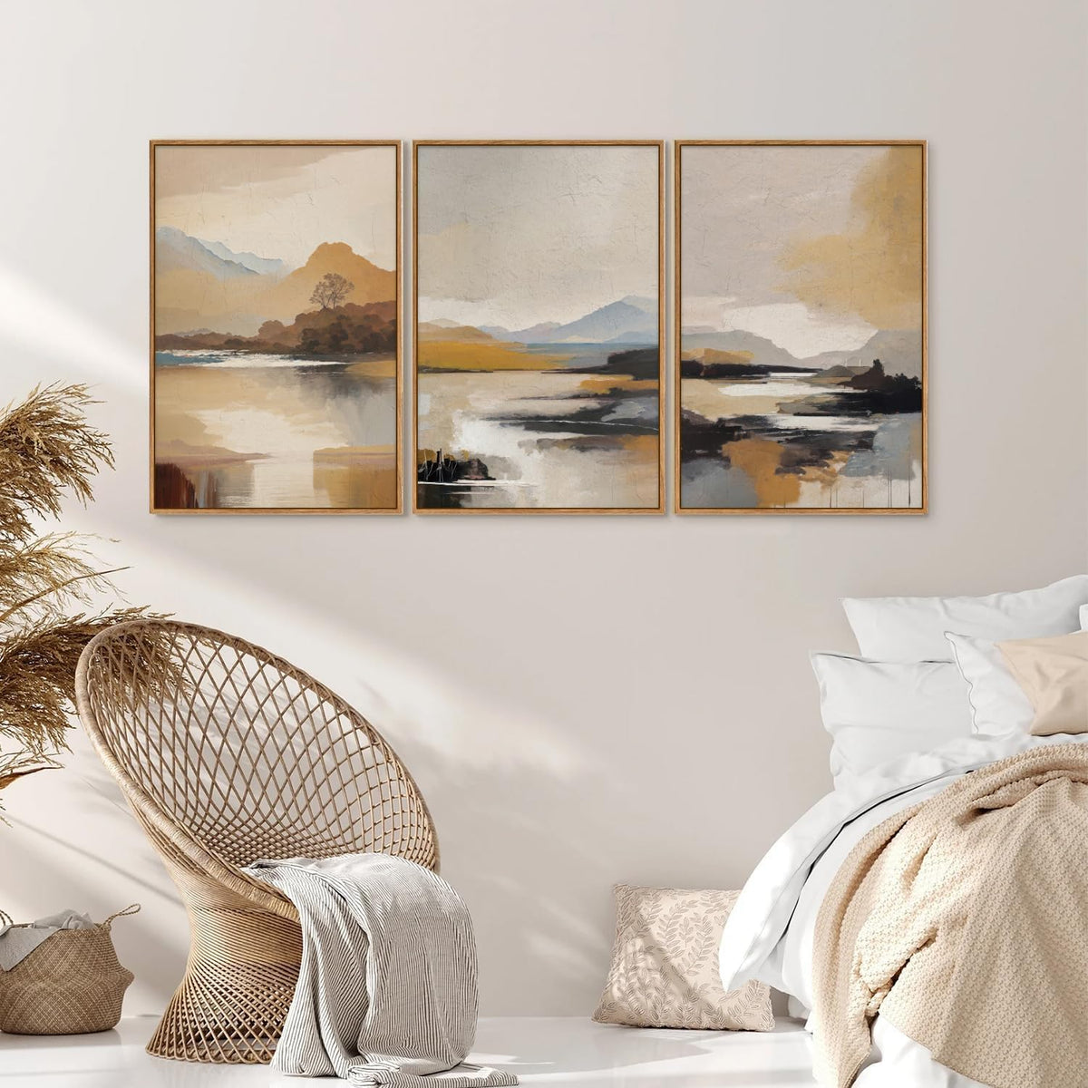 Tinonedraw Beige Mountain Landscape Framed Canvas Wall Art, Abstract Mid Century Modern Wall Decor