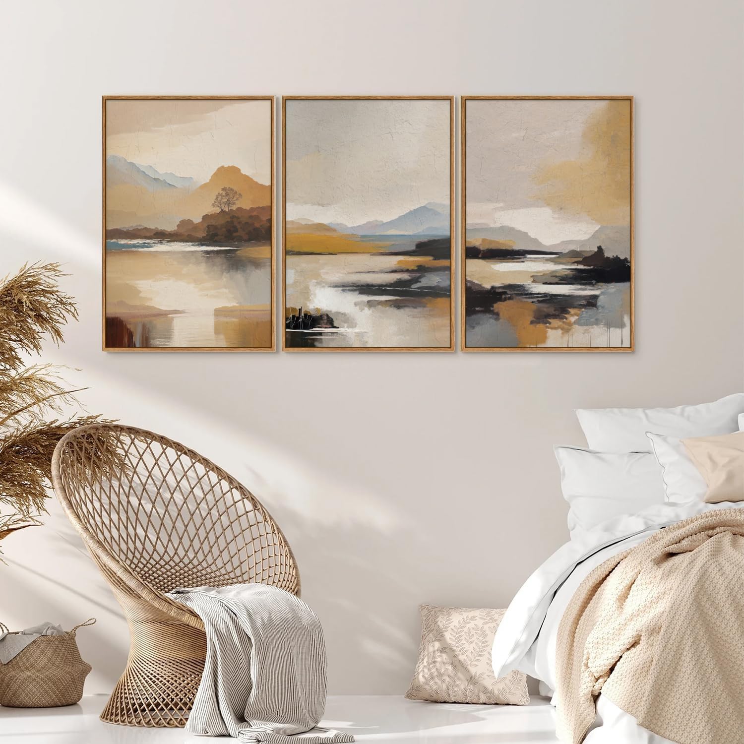 Tinonedraw Beige Mountain Landscape Framed Canvas Wall Art, Abstract Mid Century Modern Wall Decor