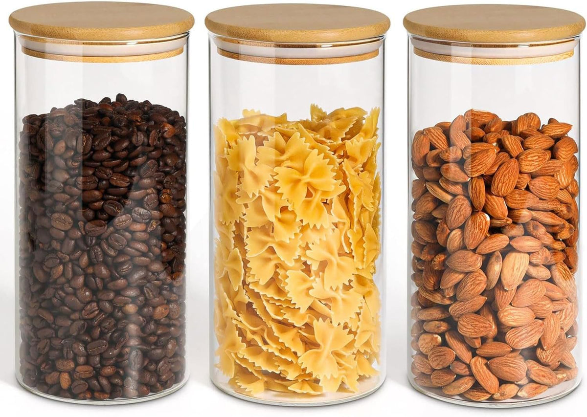ComSaf Airtight Glass Storage Canister with Wood Lid(1.5 Qt), Set of 3 Glass Jars with Lids, Clear