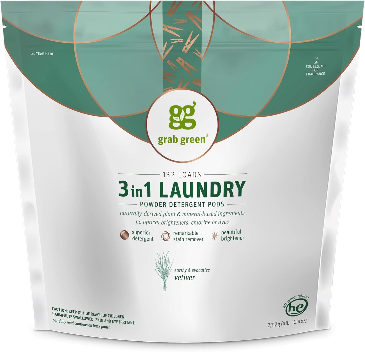 Grab Green 3-in-1 Laundry Detergent Pods, 132 Count, Vetiver Scent, Plant and Mineral Based