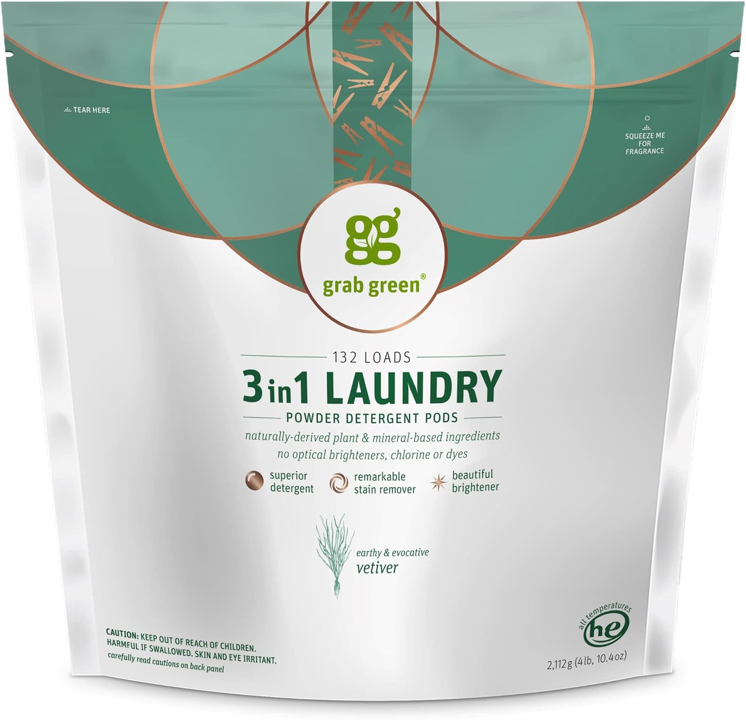 Grab Green 3-in-1 Laundry Detergent Pods, 132 Count, Vetiver Scent, Plant and Mineral Based