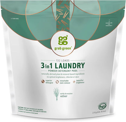 Grab Green 3-in-1 Laundry Detergent Pods, 132 Count, Vetiver Scent, Plant and Mineral Based