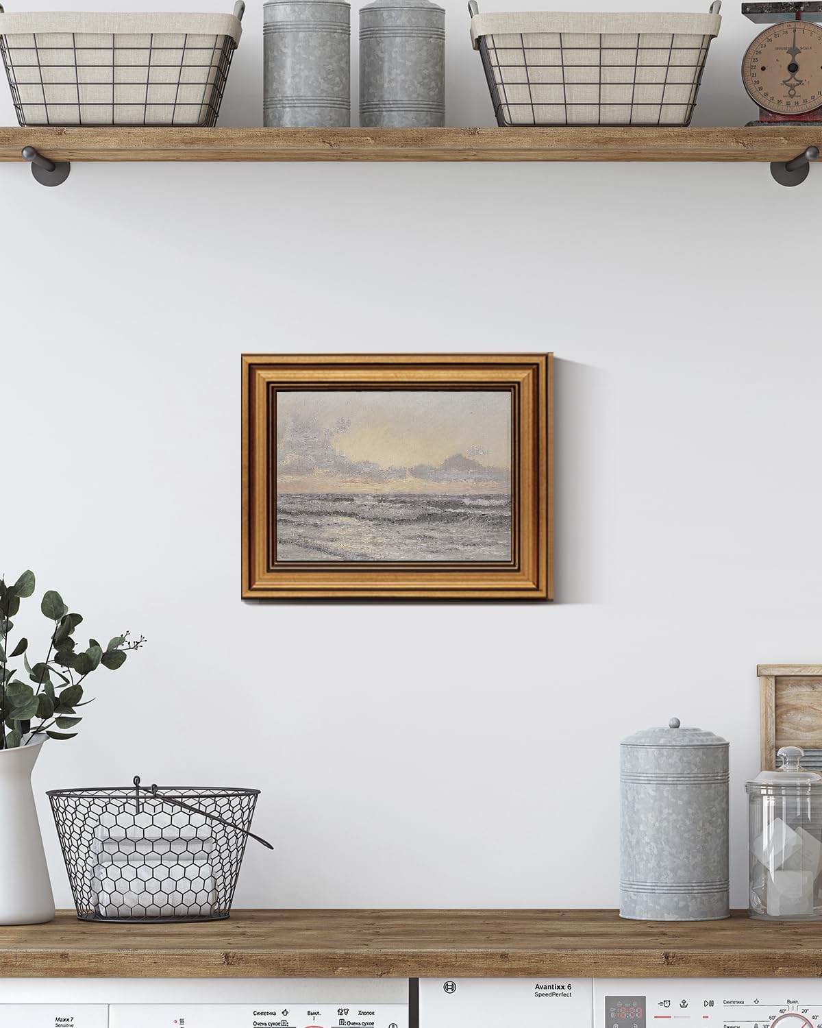 HUARCEY Gold Framed Vintage Wall Art for Living Room, Landscape Painting Prints Shelf Decor for