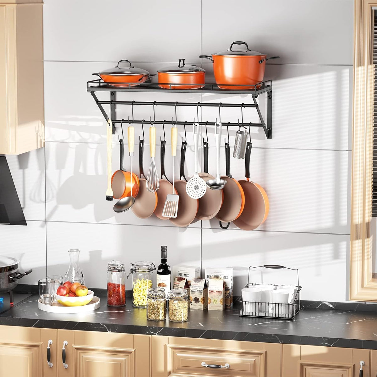 OROPY 31 Inch Wall Mounted Pot Rack Storage Shelf with 2 Tier Hanging Rails 14 S Hooks included