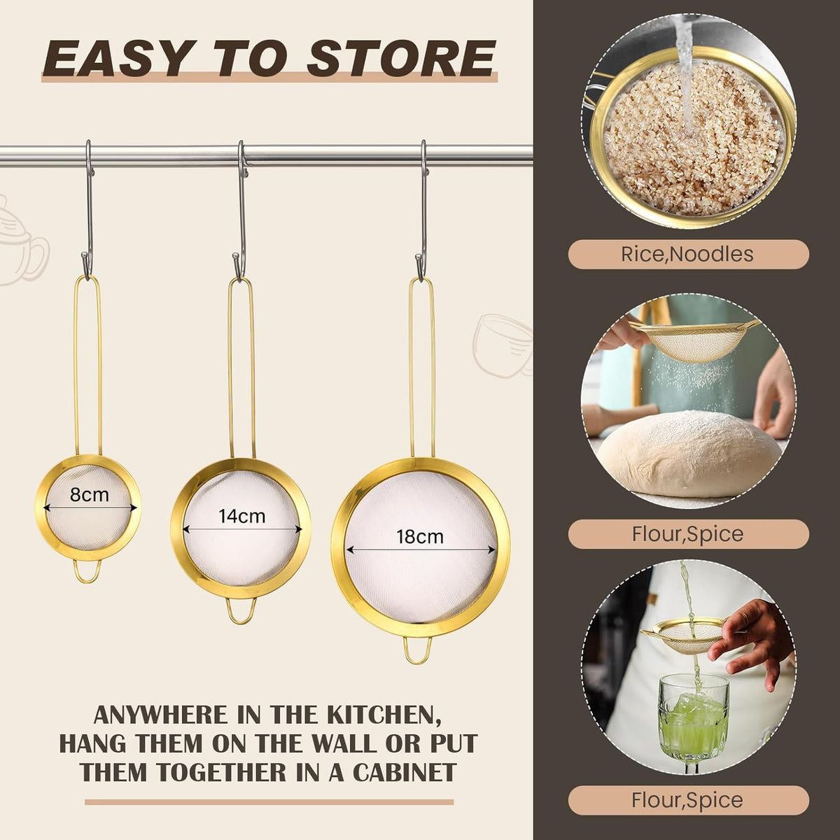 Norme 7 Quart Stainless Steel Gold Colander and 3 Pcs Gold Fine Mesh Strainer, Stainless Steel