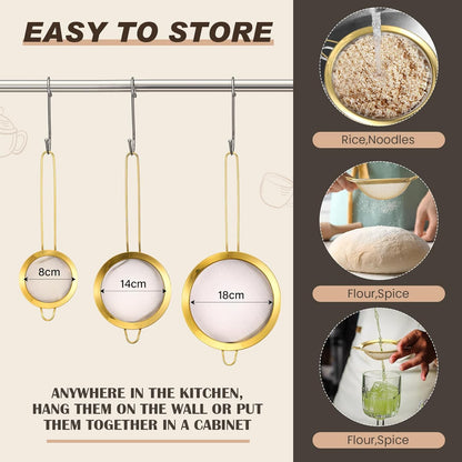 Norme 7 Quart Stainless Steel Gold Colander and 3 Pcs Gold Fine Mesh Strainer, Stainless Steel