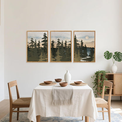 HPNIUB Vintage Mountain Framed Canvas Wall Art Set, Boho Sunrise Art Prints, Forest Nature