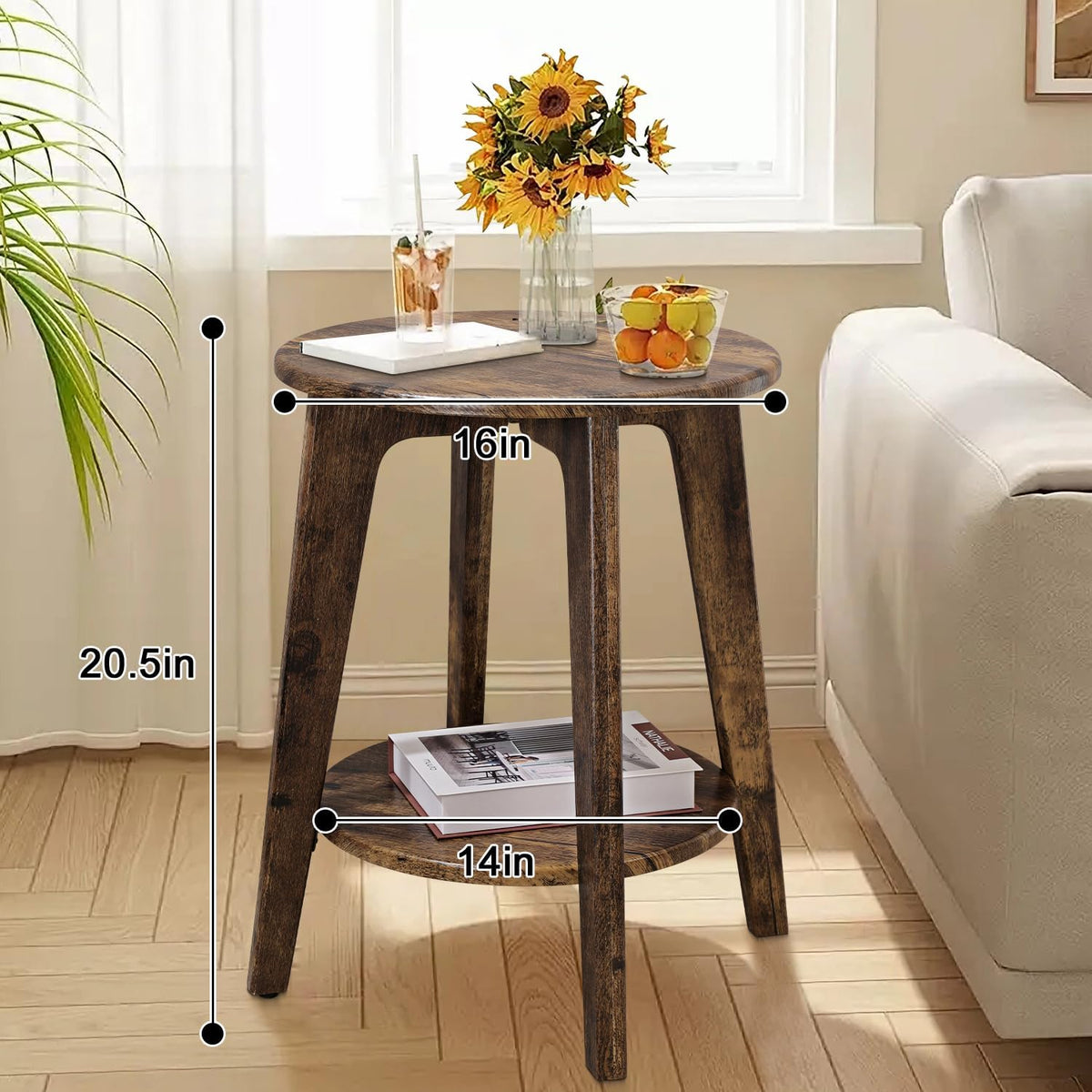 Small Round Side Table Wooden End Table with Lower Shelf Modern Nightstand Bedside Table for Small