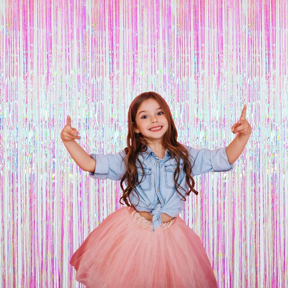 GOER 3.2 ft x 9.8 ft Metallic Tinsel Foil Fringe Curtains Party Photo Backdrop Party Streamers for