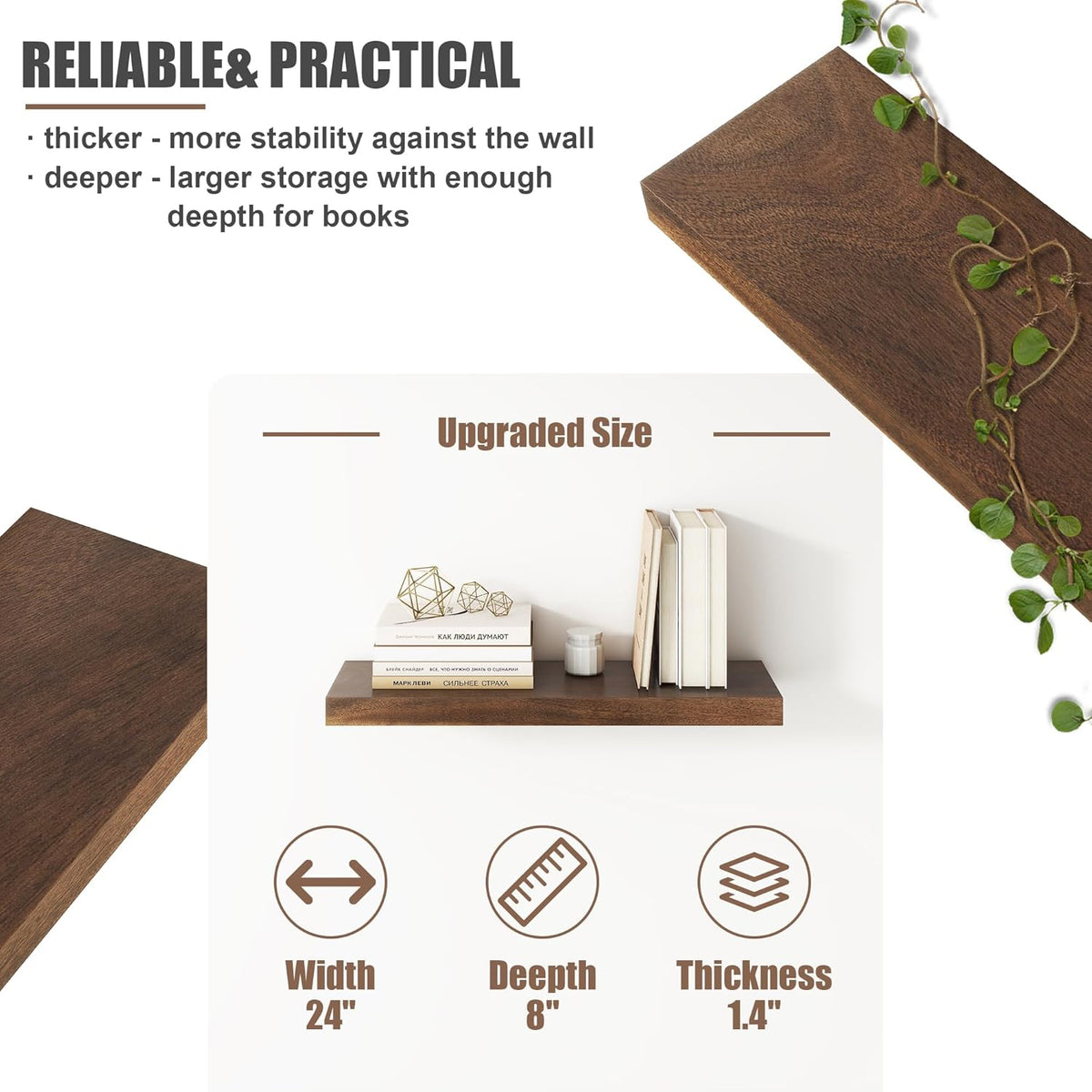 Floating Shelves for Wall, USA-Sourced Walnut Wood 24 Inch Wall Shelves Set of 2, Natural Wooden