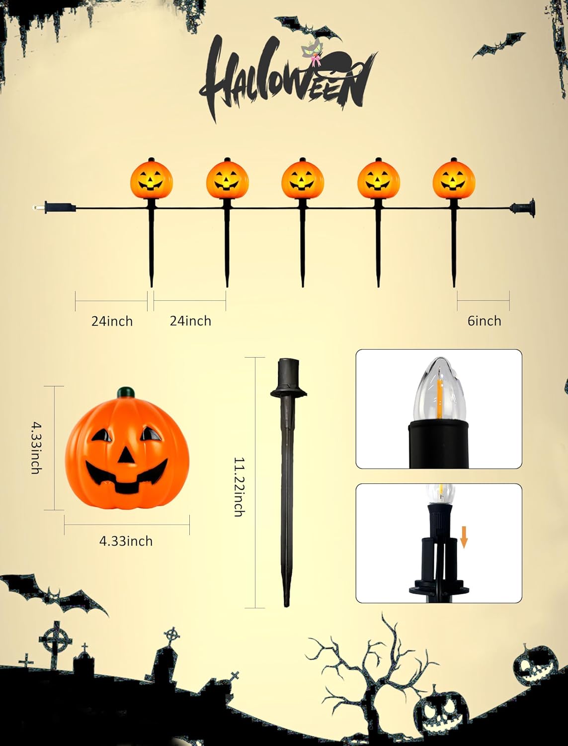 Classic Halloween Charm: 5 Pack Plug-in Pumpkin Pathway Lights Outdoor, Waterproof Jack o' Lantern