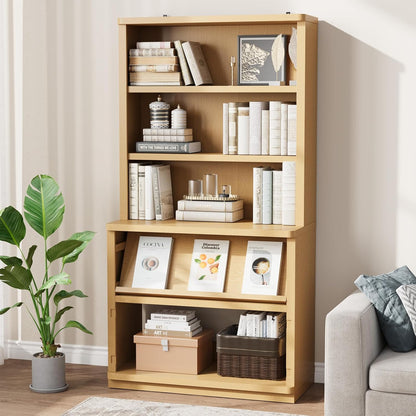 Rresyet 5 Tier Bookcase with Flip-Flop Design, 71" x 37" x 16" Wooden Book Shelf, Extra Bookshelf