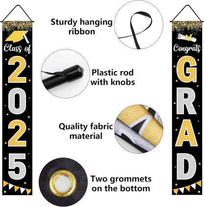 Graduation Decorations 2025 GRAD Banner Black Porch Door Sign Welcome Banner For Indoor Outdoor