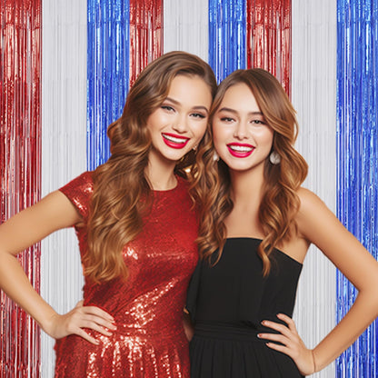 3 Pack Foil Fringe Backdrop - Red&White&Blue Shiny Tinsel Curtains for Party Decoration/Photo Booth