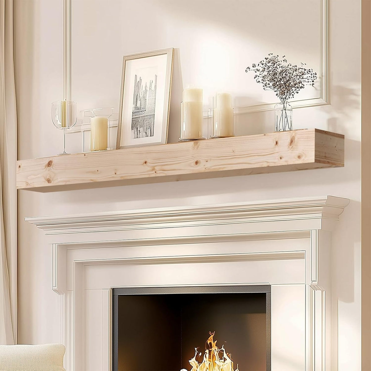 72x8x5 Fireplace Mantel - Handcrafted Hollow Rustic Solid Wood Wall Mounted Floating Shelf with