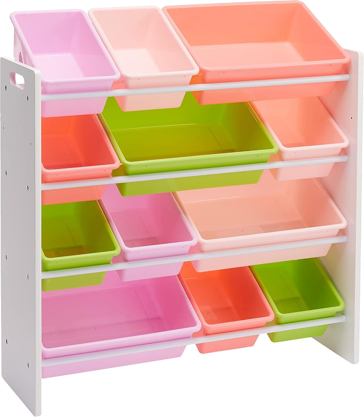 Amazon Basics Kids Toy Storage Organizer With 12 Plastic Bins, White Wood With Pink Bins, 10.9" D x