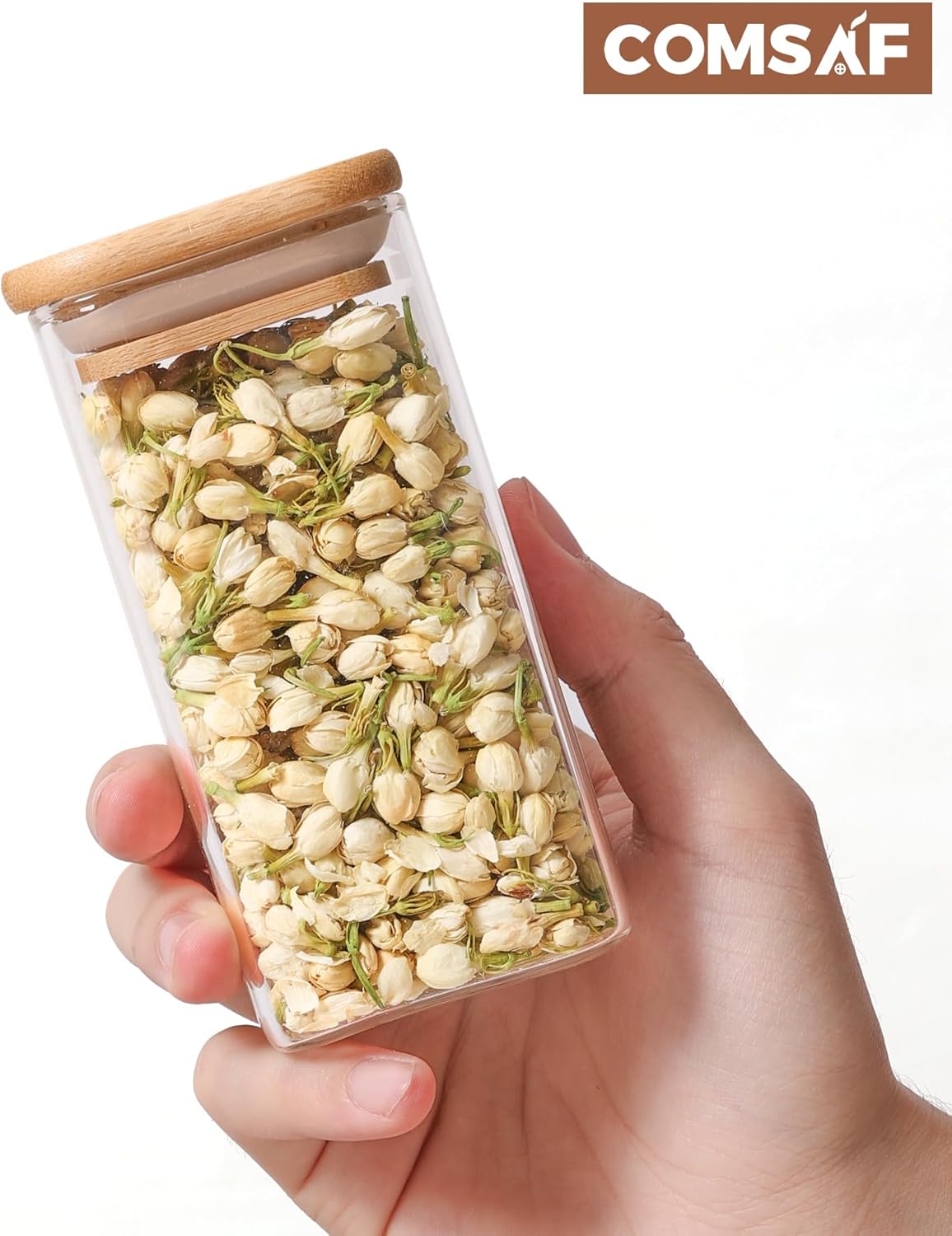 ComSaf 12Pcs Glass Spice Jars with Bamboo Lid, 10oz Airtight Square Containers with 275 Black