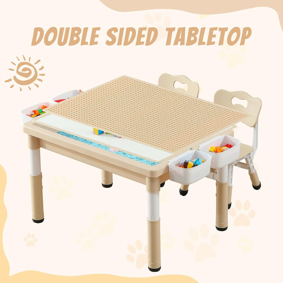 Multi Functional Kids Table and 2 Chairs Set, Graffiti & Building Blocks Double-Sided Tabletop