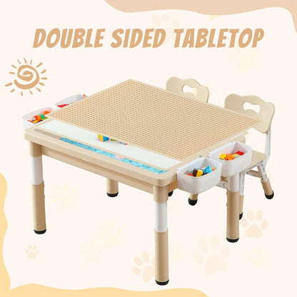 Multi Functional Kids Table and 2 Chairs Set, Graffiti & Building Blocks Double-Sided Tabletop