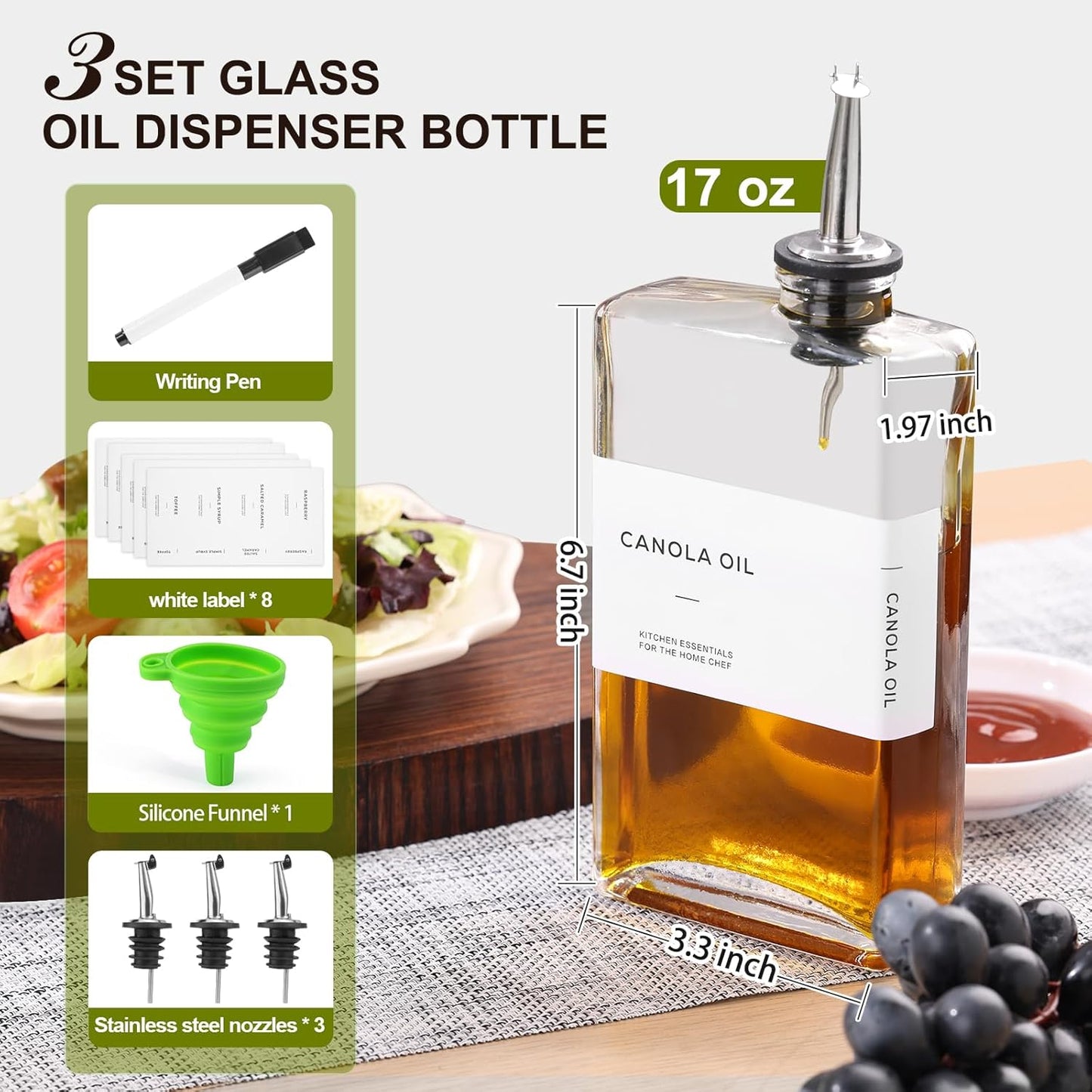 Olive Oil Dispenser Bottle for Kitchen, 3 Pack Glass Oil and Vinegar Dispenser Set, Elegant Book