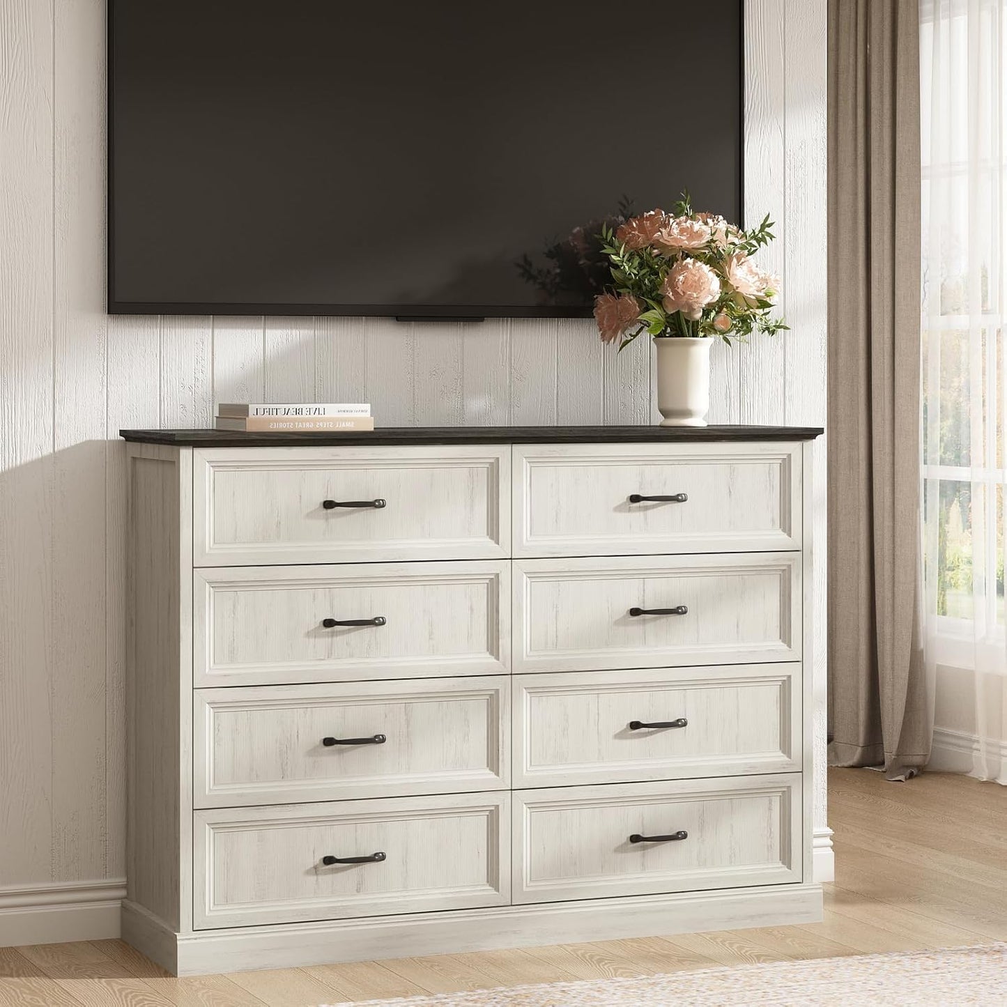 CARPETNAL Farmhouse 8 Drawer Dresser for Bedroom, 55" Wide Modern White Dresser TV Stand with Large