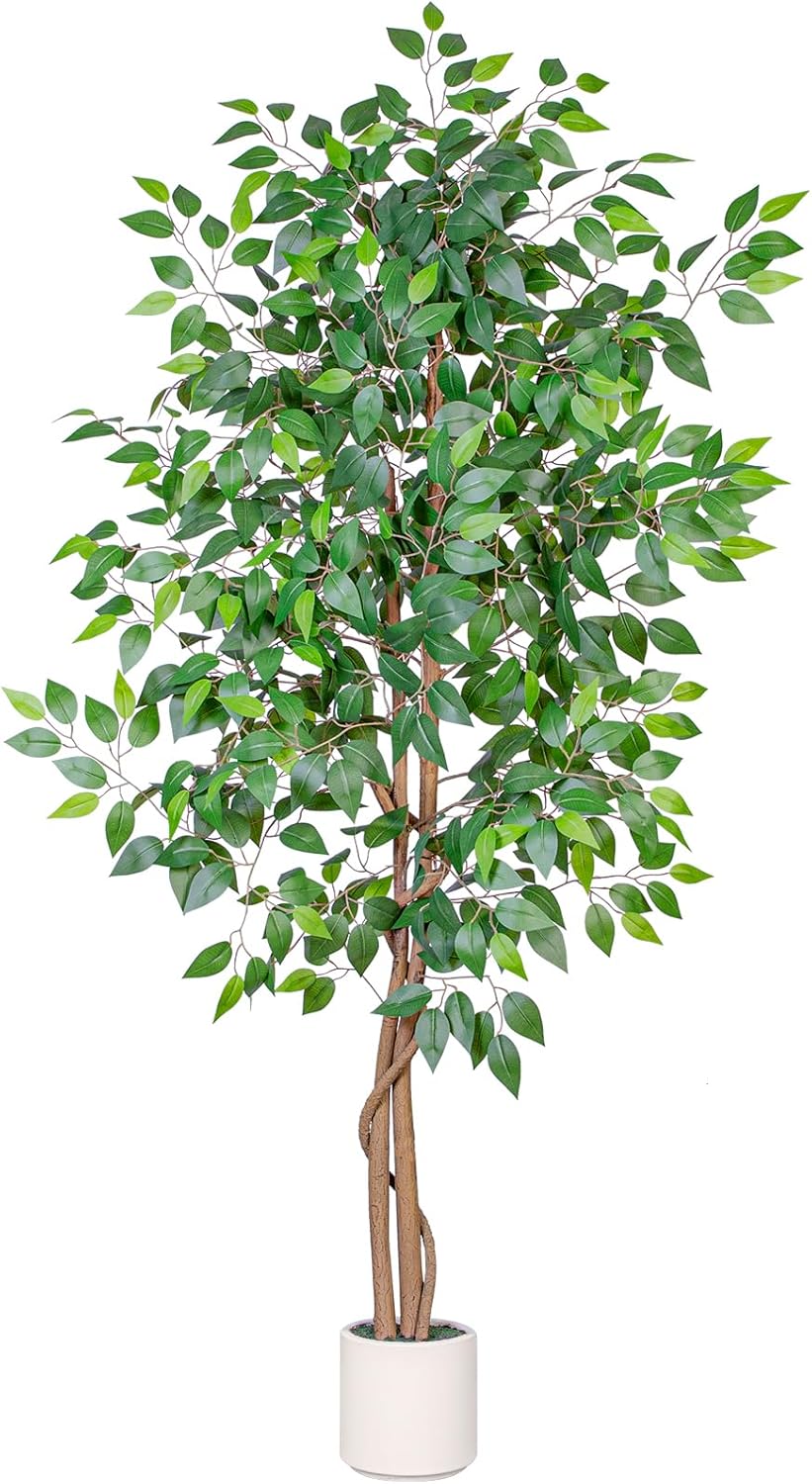 6FT Artificial Ficus Tree with White Planter, Realistic Faux Silk Indoor Outdoor Plant for Home