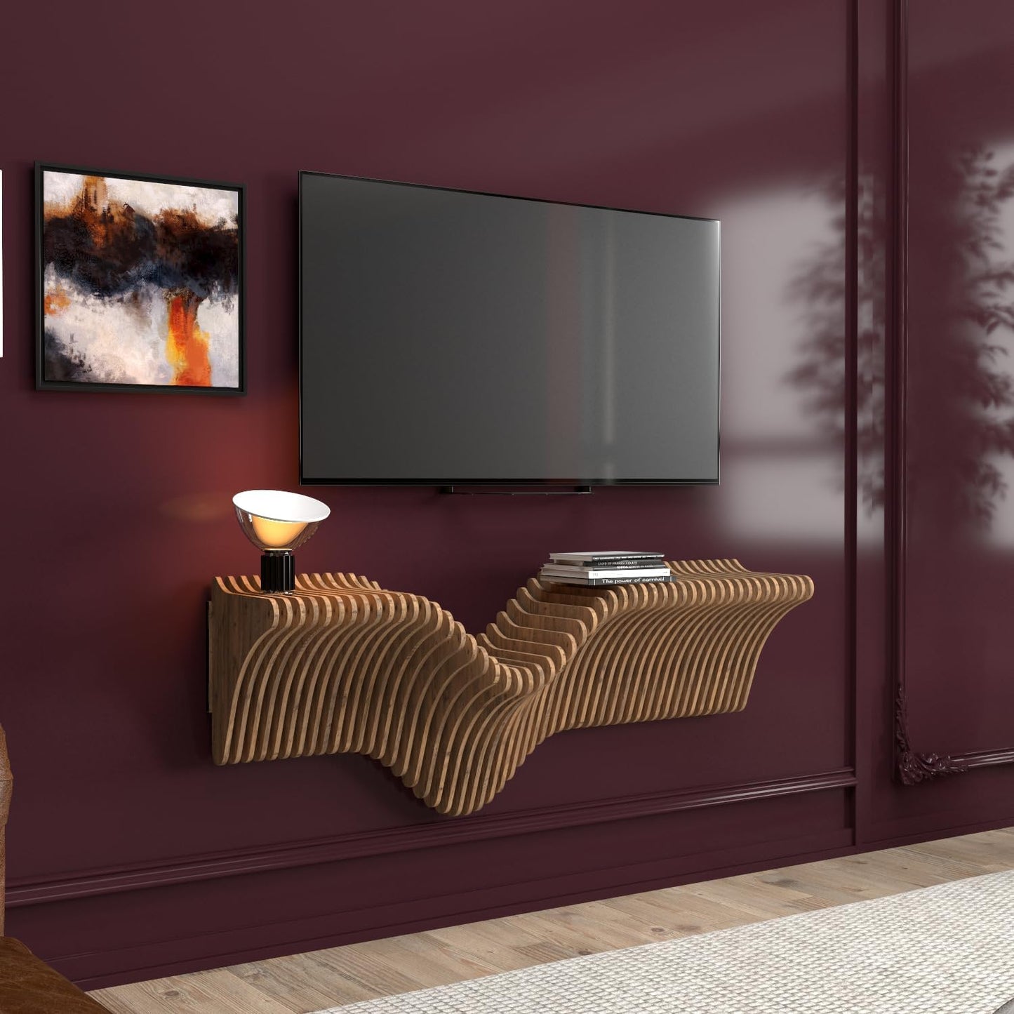 Parametrics 40 inch Floating Shelf TV Unit Modern Geometric Wooden Wall Piece Decor Natural Oak